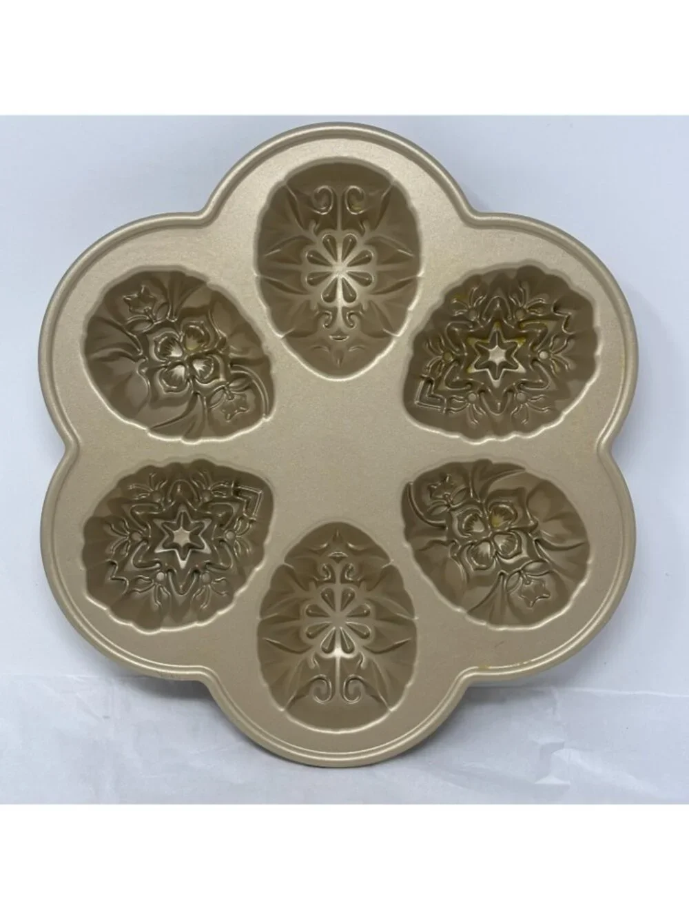 NORDIC WARE Ornamental Egg Cakelet Easter Pan Mold 3 Designs 6 Cavity Gold 2 Cup